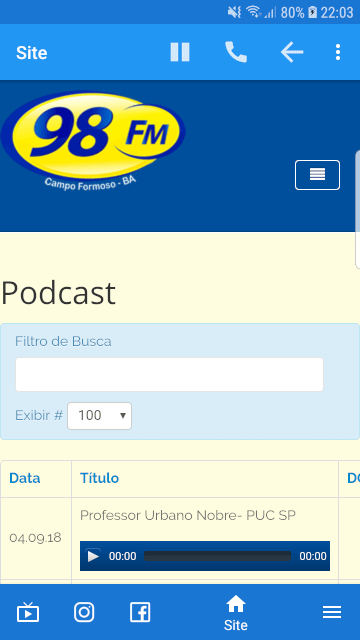 aplicativo para rádios - fm 98 campo formoso - acesso ao podcast - baruk soft