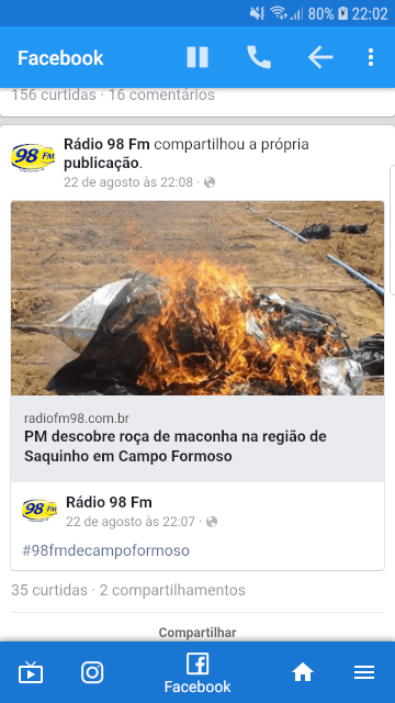 aplicativo para rádios - fm 98 campo formoso - acesso ao facebook - baruk soft