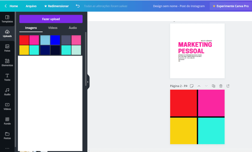 aprenda a criar paleta de cores no canva gratis - imagens na área de upload do canva