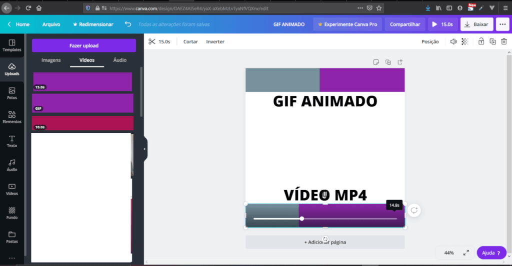 Exemplo de como o vídeo da barra de progresso e o gif da barra de progresso podem ser utilizados no Canva