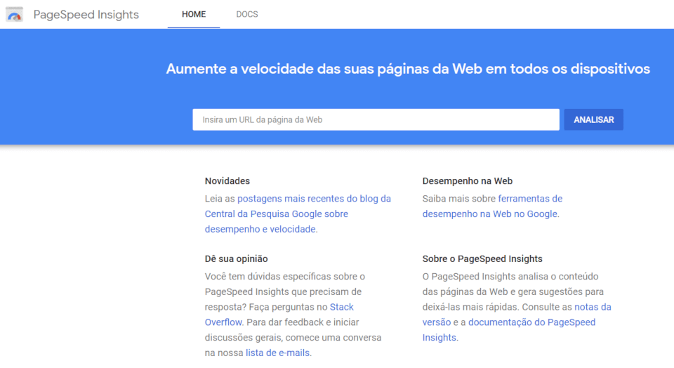 tela inicial do serviço do google para verificar a velocidade de acesso de um site no mobile e no desktop