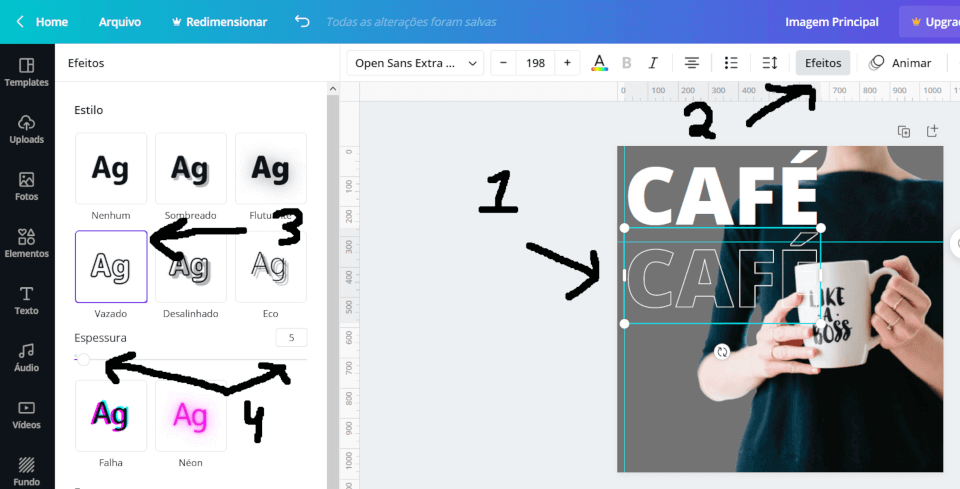 Duplicando o texto e aplicando o efeito de vazado no Canva