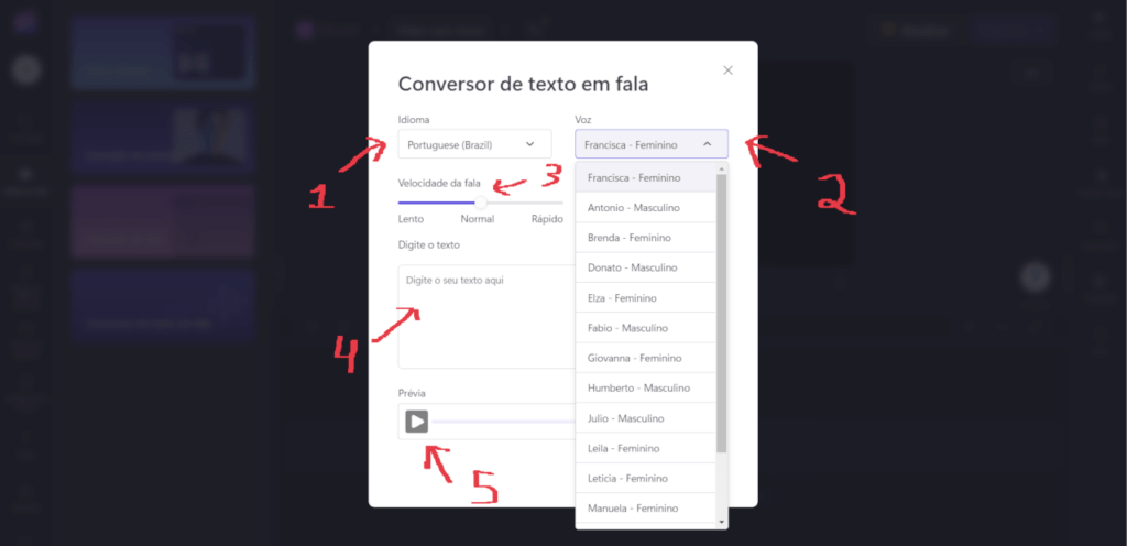 ClimpChamp - Janela com opções de vozes naturais criadas por inteligência artificial