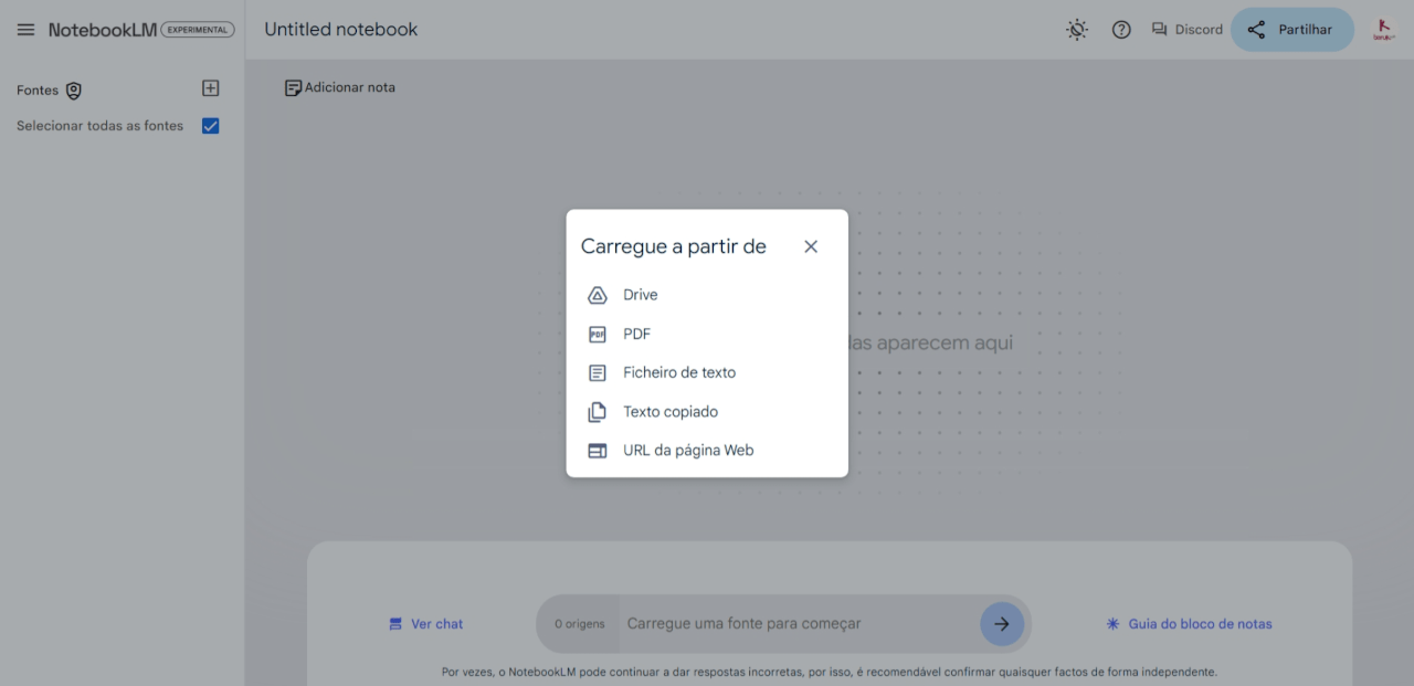 Opção para carregar arquivos, informar as fontes para o NotebookLM