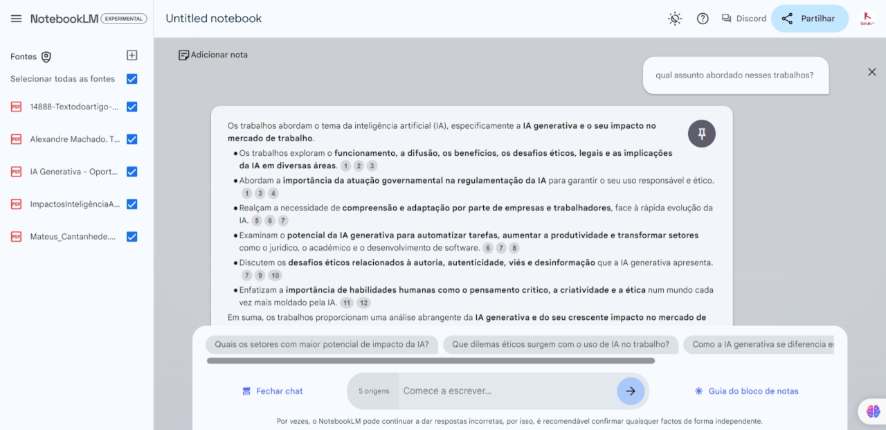 Exemplo de uma conversa com o modelo com o NotebookLM