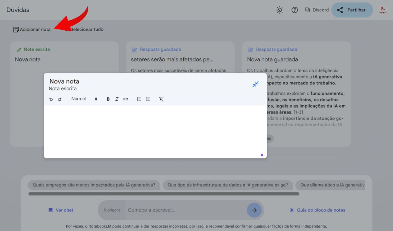 Adicionando uma nota manual