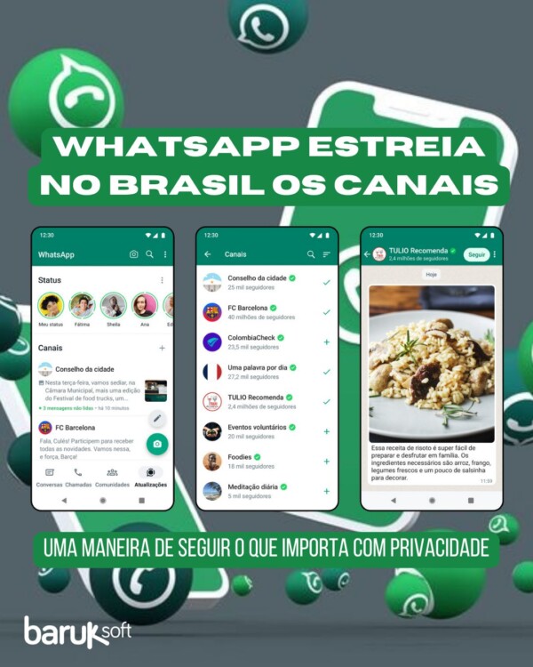 ☎️ O WhatsApp lançou no Brasil os canais, uma nova forma de se comunicar com públicos maiores e mais segmentados. Com os canais, -é possível enviar mensagens, imagens, vídeos e áudios para todos eles de uma só vez para um número ilimitado de usuários.Os usuários só entrarão nos Canais por meio de um link; nada do que acontece hoje nos grupos, em que os administradores podem incluir pessoas à revelia da vontade delas.

Privacidade
O dono do canal não saberá quem está lá dentro; os integrantes de um desses espaços também não terão acesso aos dados uns dos outros; nem mesmo amigos saberão de quais canais qualquer usuário participa.

Interação Limitada
Os níveis de interação até existem nos Canais, mas são limitados. Enquanto o administrador poderá mandar textos, áudios, vídeos e imagens, os integrantes comuns poderão apenas atribuir emojis às mensagens.

Sem algoritmo
Quem entrar nos canais não verá mensagens ordenadas por algoritmos que tentam captar gostos pessoais, mas, sim, exibidas em ordem cronológica. Quem entrar em um canal verá o conteúdo postado nos 30 dias anteriores.

Futuro: Monetização
Os Canais nascem como uma nova maneira de distribuir conteúdo, mas já está nos planos do WhatsApp fazer do recurso uma fonte de renda para criadores.

Nova aba
Os Canais estão em uma nova aba chamada Atualizações, separada das suas conversas com familiares, amigos e comunidades. Nela, você vai encontrar o Status e os canais que escolher seguir.

O que achou da novidade? Já se inscreveu em quais canais? Já criou o seu?

WhatsAppApp Canais Novidades

Fonte
https://www.uol.com.br/tilt/noticias/redacao/2023/09/13/whatsapp-estreia-no-brasil-os-canais-que-mudam-o-app-como-voce-o-conhece.htm